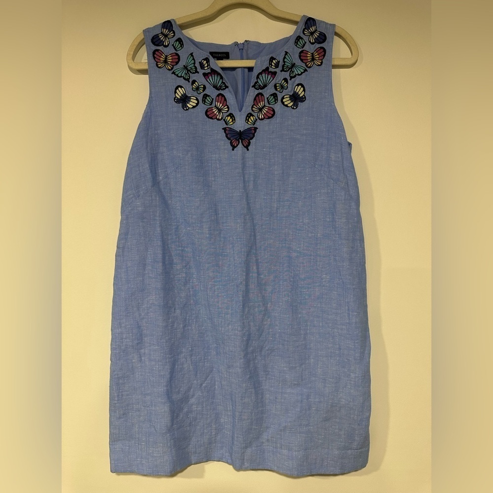 Talbots Embroidered Butterfly Linen French Blue Shift Dress Sz 10